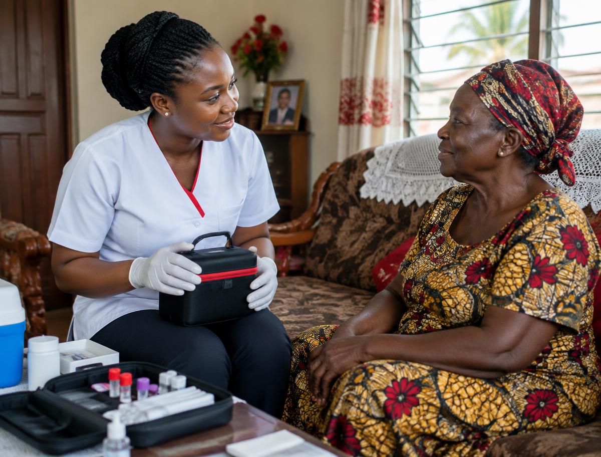 Healthcare professional visiting an older patient at home in Cape Coast